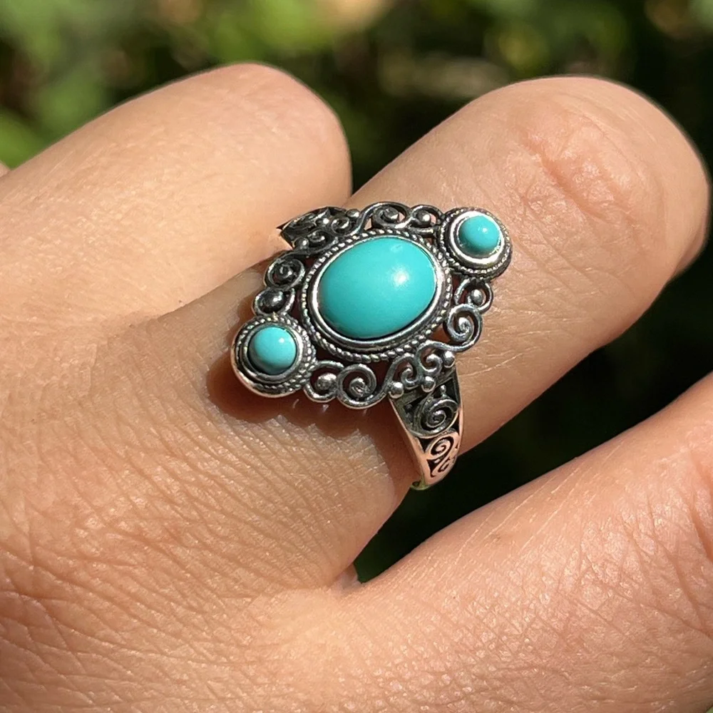 Sterling silver adjustable three stones turquoise ring‎
